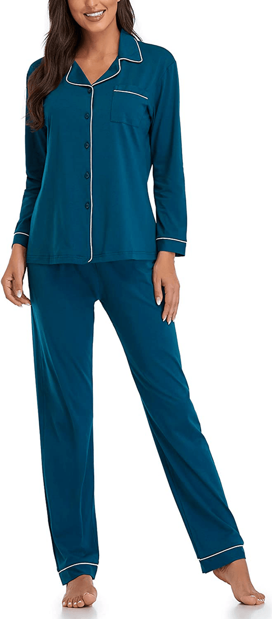 Women's Pajamas Set, Short Sleeve Sleepwear Button-Down Nightwear Soft Pj Lounge Sets Pajamas for Women Apparel & Accessories > Clothing > Sleepwear & Loungewear > Pajamas CULAYII Long-dark Green Large 