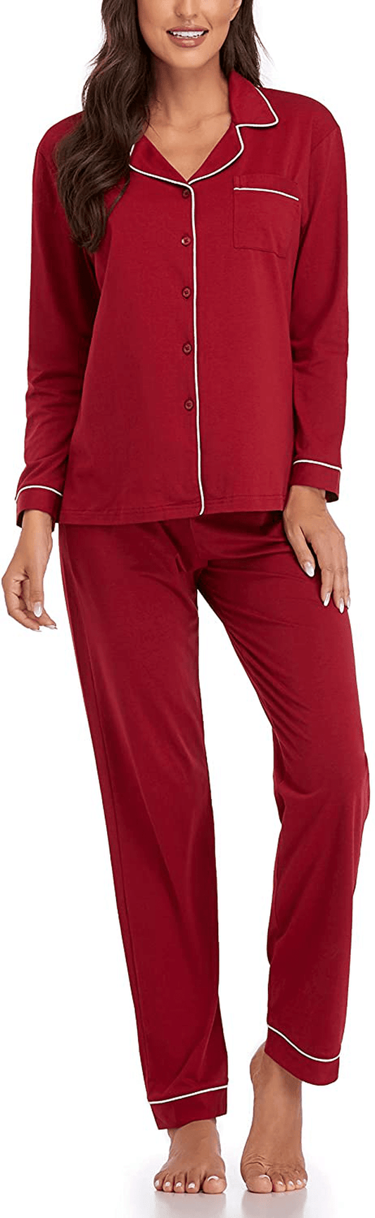 Women's Pajamas Set, Short Sleeve Sleepwear Button-Down Nightwear Soft Pj Lounge Sets Pajamas for Women Apparel & Accessories > Clothing > Sleepwear & Loungewear > Pajamas CULAYII Long- Red Small 