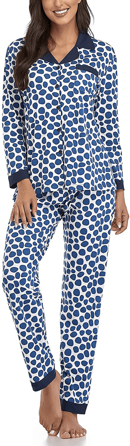 Women's Pajamas Set, Short Sleeve Sleepwear Button-Down Nightwear Soft Pj Lounge Sets Pajamas for Women Apparel & Accessories > Clothing > Sleepwear & Loungewear > Pajamas CULAYII Long-blue Dot Medium 