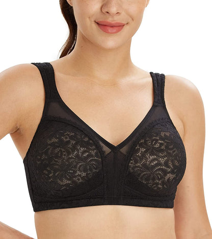 Women'S plus Size Full Coverage Non Padded Wireless Minimizer Bra -Comfort and Double Support Lace Black / 36D