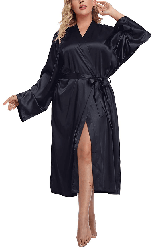 Women'S plus Size Long Kimono Robe Self Tie Soft Lightweight Bathrobe Casual Sleepwear for Bride and Bridesmaid Apparel & Accessories > Clothing > Sleepwear & Loungewear > Robes TEENTAGE Navy 1X 