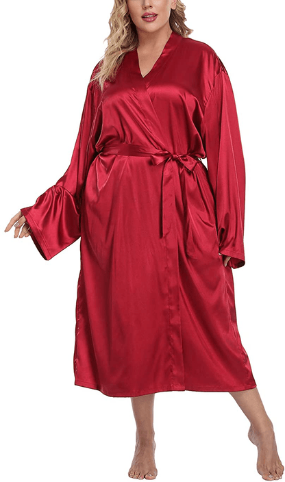 Women'S plus Size Long Kimono Robe Self Tie Soft Lightweight Bathrobe Casual Sleepwear for Bride and Bridesmaid Apparel & Accessories > Clothing > Sleepwear & Loungewear > Robes TEENTAGE Wine Red 1X 