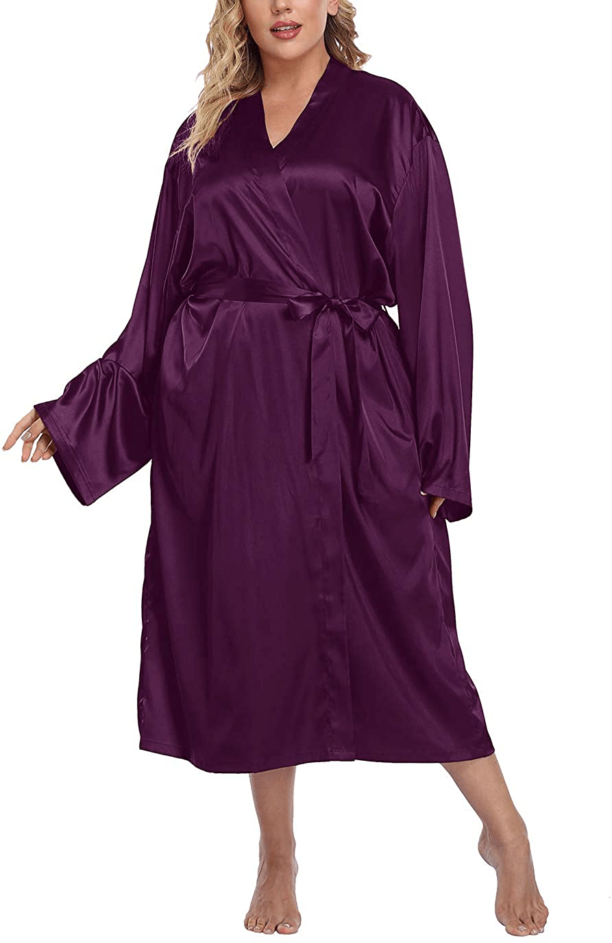 Women'S plus Size Long Kimono Robe Self Tie Soft Lightweight Bathrobe Casual Sleepwear for Bride and Bridesmaid Apparel & Accessories > Clothing > Sleepwear & Loungewear > Robes TEENTAGE Purple 1X 