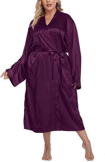 Women'S plus Size Long Kimono Robe Self Tie Soft Lightweight Bathrobe Casual Sleepwear for Bride and Bridesmaid Apparel & Accessories > Clothing > Sleepwear & Loungewear > Robes TEENTAGE Purple 1X 