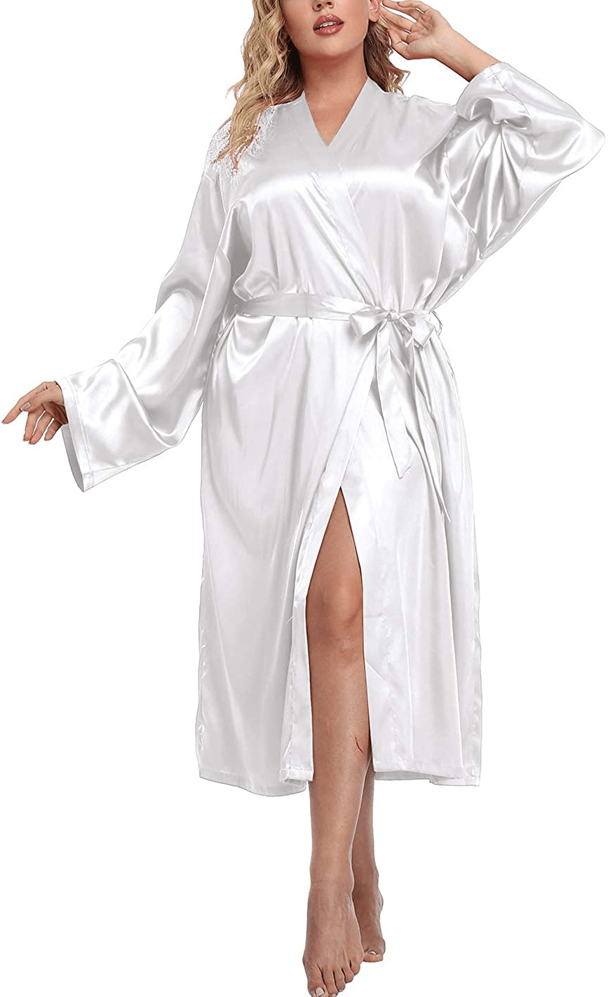 Women'S plus Size Long Kimono Robe Self Tie Soft Lightweight Bathrobe Casual Sleepwear for Bride and Bridesmaid Apparel & Accessories > Clothing > Sleepwear & Loungewear > Robes TEENTAGE White 1X 