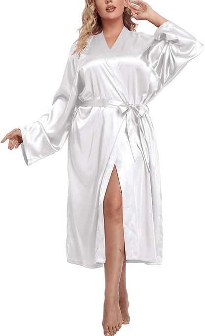 Women'S plus Size Long Kimono Robe Self Tie Soft Lightweight Bathrobe Casual Sleepwear for Bride and Bridesmaid Apparel & Accessories > Clothing > Sleepwear & Loungewear > Robes TEENTAGE White 1X 