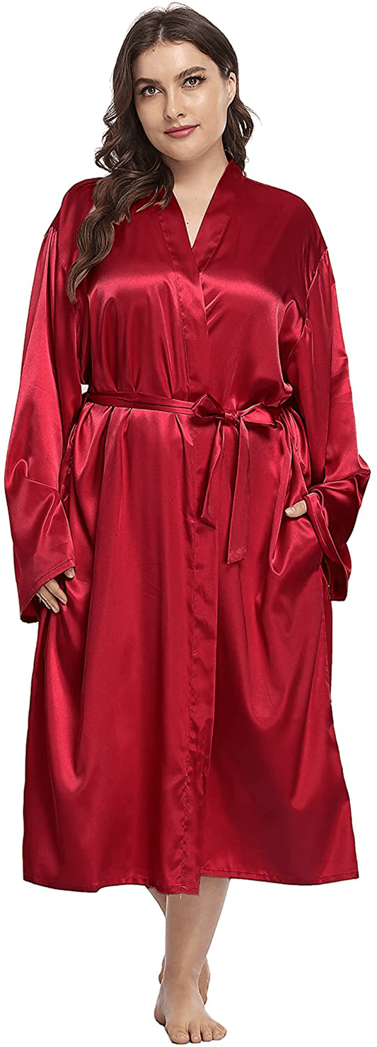 Women'S plus Size Long Robes Satin Silky Bathrobes Lightweight Kimono Cover up Sleepwear Bridesmaid Party Apparel & Accessories > Clothing > Sleepwear & Loungewear > Robes Teemie Wine Red 2X 