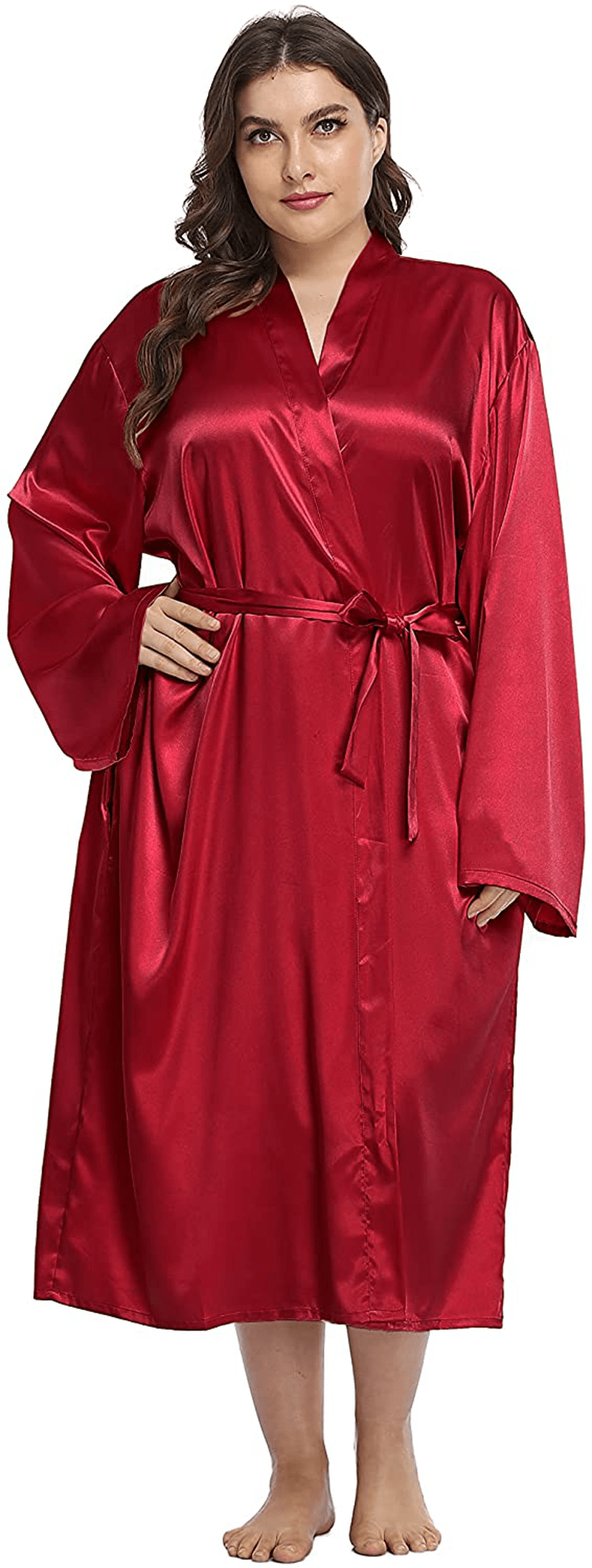 Women'S plus Size Long Robes Satin Silky Bathrobes Lightweight Kimono Cover up Sleepwear Bridesmaid Party Apparel & Accessories > Clothing > Sleepwear & Loungewear > Robes Teemie   