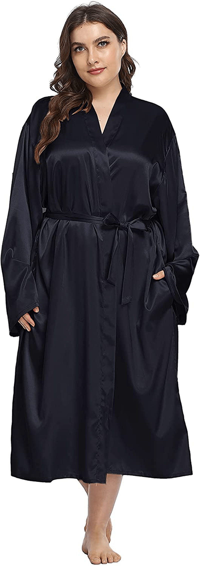 Women'S plus Size Long Robes Satin Silky Bathrobes Lightweight Kimono Cover up Sleepwear Bridesmaid Party Apparel & Accessories > Clothing > Sleepwear & Loungewear > Robes Teemie Dark Blue 4X 