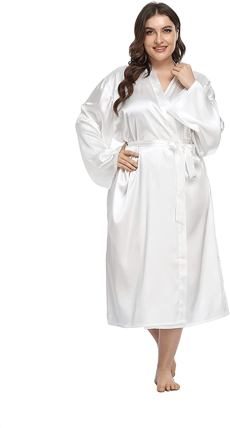 Women'S plus Size Long Robes Satin Silky Bathrobes Lightweight Kimono Cover up Sleepwear Bridesmaid Party Apparel & Accessories > Clothing > Sleepwear & Loungewear > Robes Teemie White 1X 