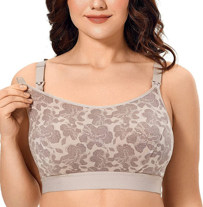 Women'S plus Size Nursing Bra Support Nursing Sports Bra Cotton Breastfeeding Maternity Bras Brown Hibiscus / X-Large