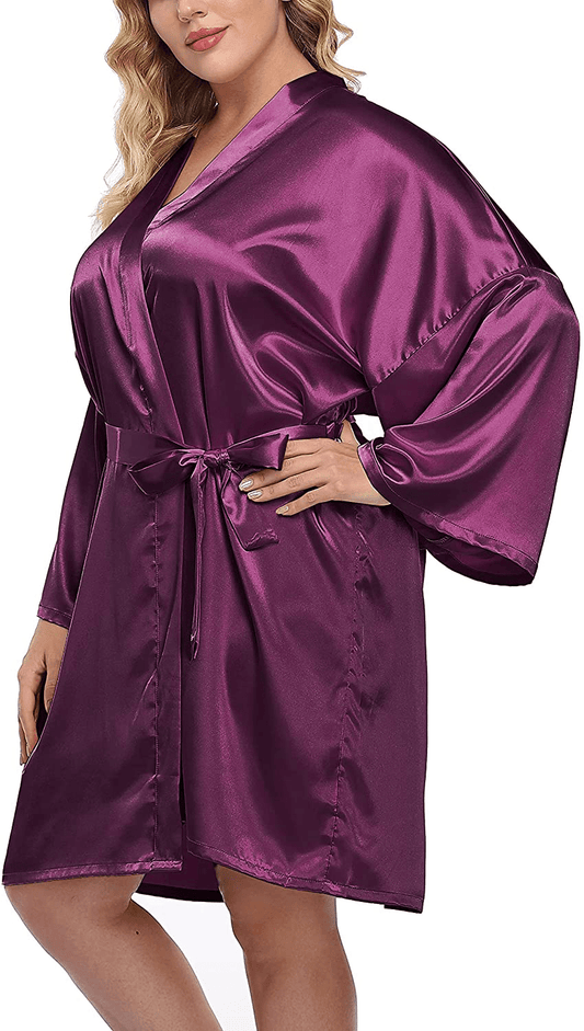 Women'S plus Size Satin Kimono Robes Short Silk Bathrobe Bridesmaid Wedding Party Nightgown Sleepwear Apparel & Accessories > Clothing > Sleepwear & Loungewear > Robes sunshinemall Purple 1X 