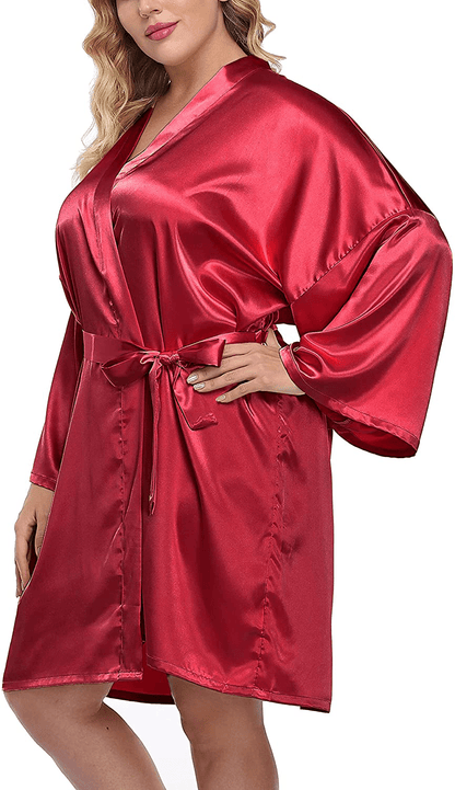 Women'S plus Size Satin Kimono Robes Short Silk Bathrobe Bridesmaid Wedding Party Nightgown Sleepwear Apparel & Accessories > Clothing > Sleepwear & Loungewear > Robes sunshinemall Wine Red 3X 