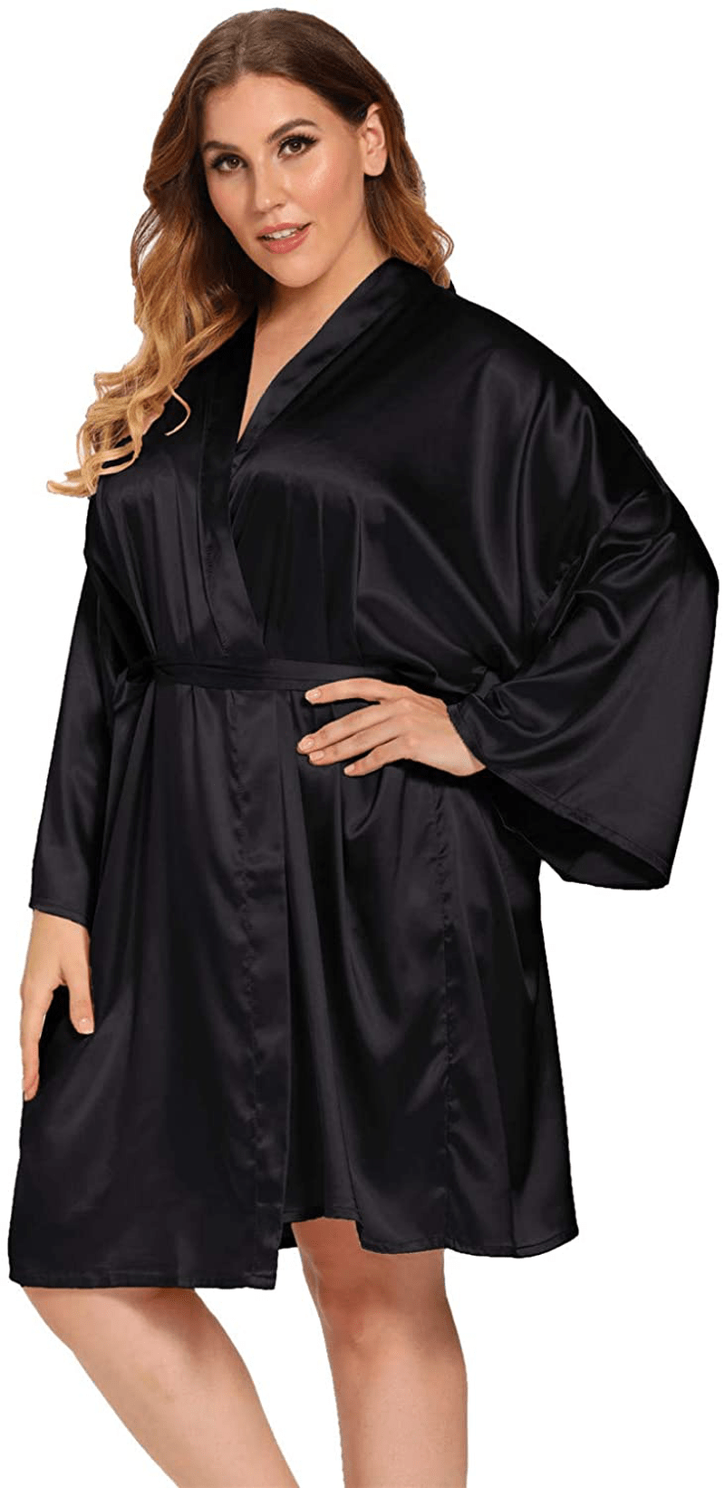 Women'S plus Size Satin Robes plus Size Silky Kimonos Robes Sleepwear,Short Apparel & Accessories > Clothing > Sleepwear & Loungewear > Robes V Vaborous Black 1X-2X 