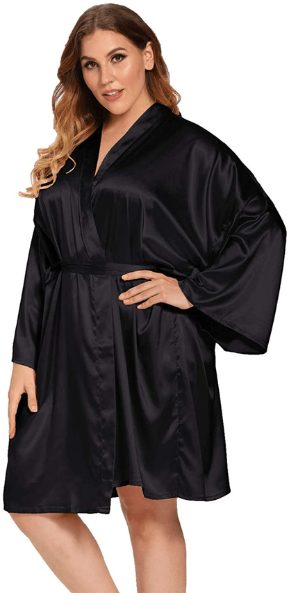 Women'S plus Size Satin Robes plus Size Silky Kimonos Robes Sleepwear,Short Apparel & Accessories > Clothing > Sleepwear & Loungewear > Robes V Vaborous Black 1X-2X 