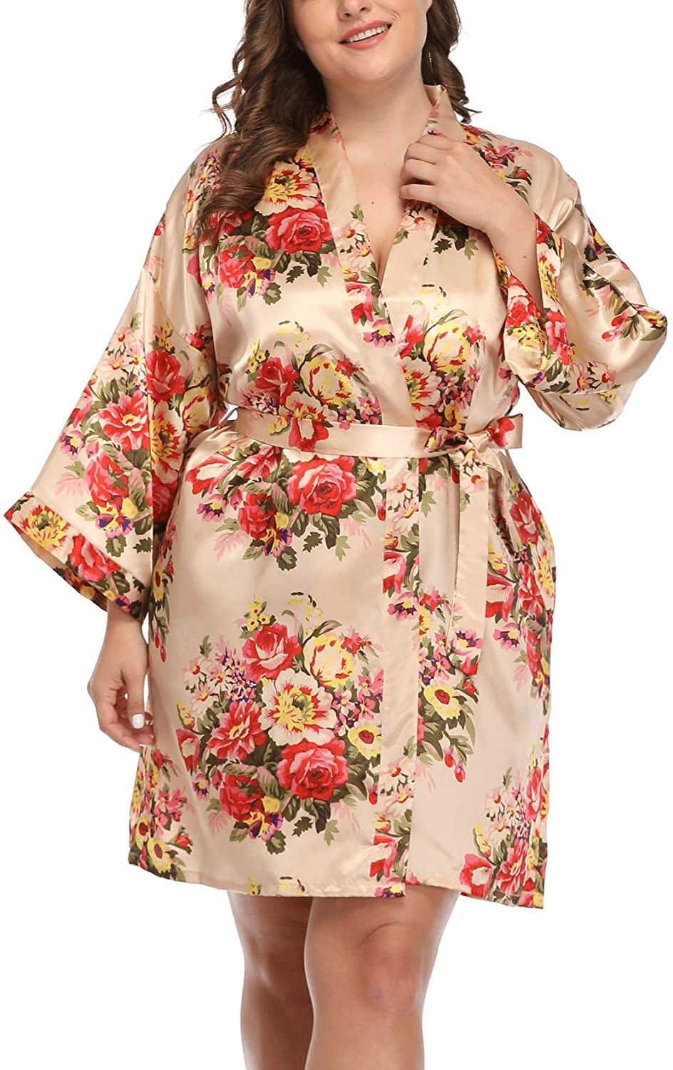 Women'S plus Size Satin Robes Short Silky Bathrobes Wedding Party Dressing Gown Apparel & Accessories > Clothing > Sleepwear & Loungewear > Robes Corset Outlet Flo Champagne 1X 