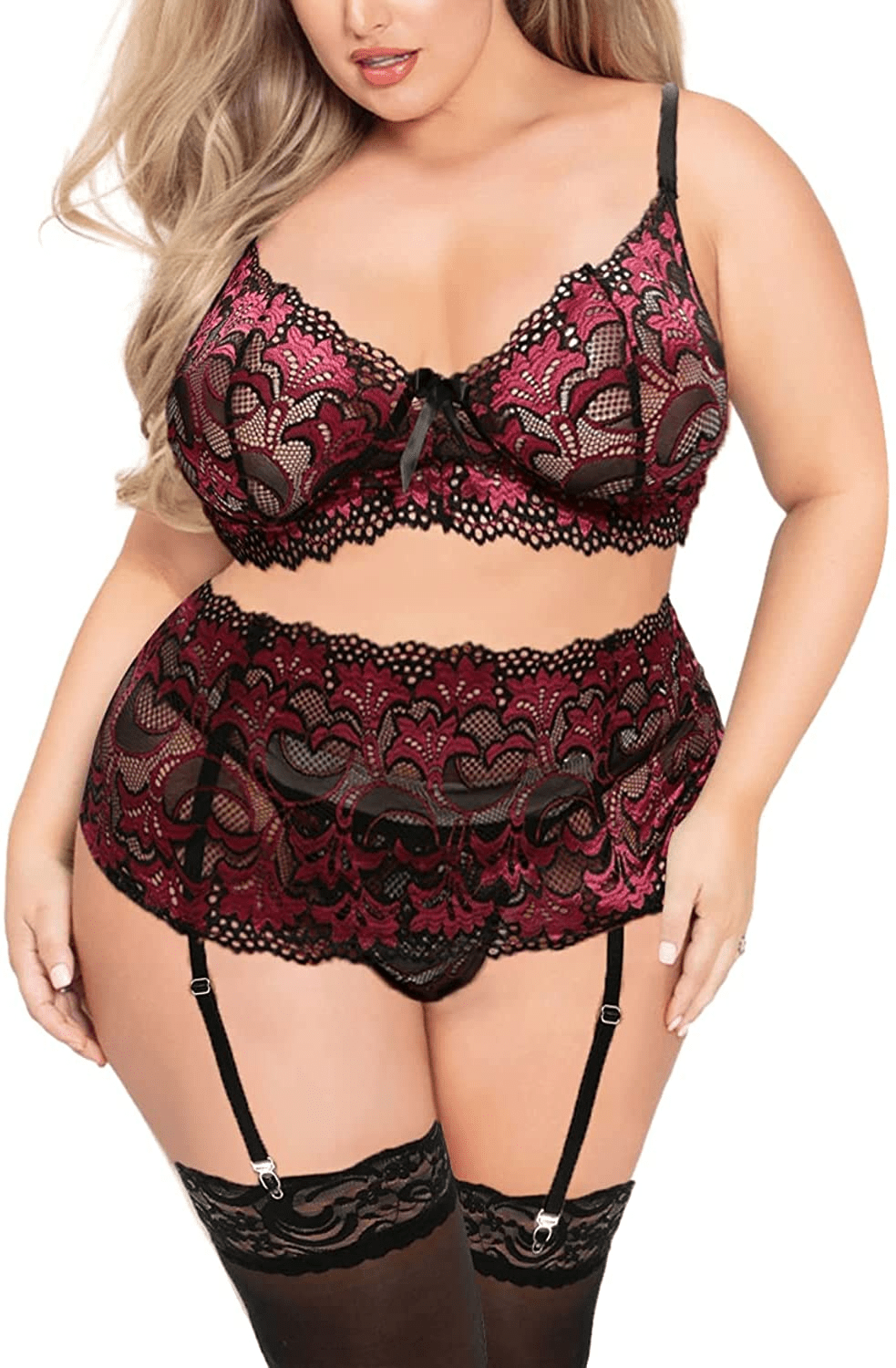Women'S plus Size Sexy Lingerie Classic Embroidered Lace Bra High Waisted Skirt Garter Belt G-String 3-Piece Sets Apparel & Accessories > Clothing > Underwear & Socks > Lingerie KYLIE MAX   