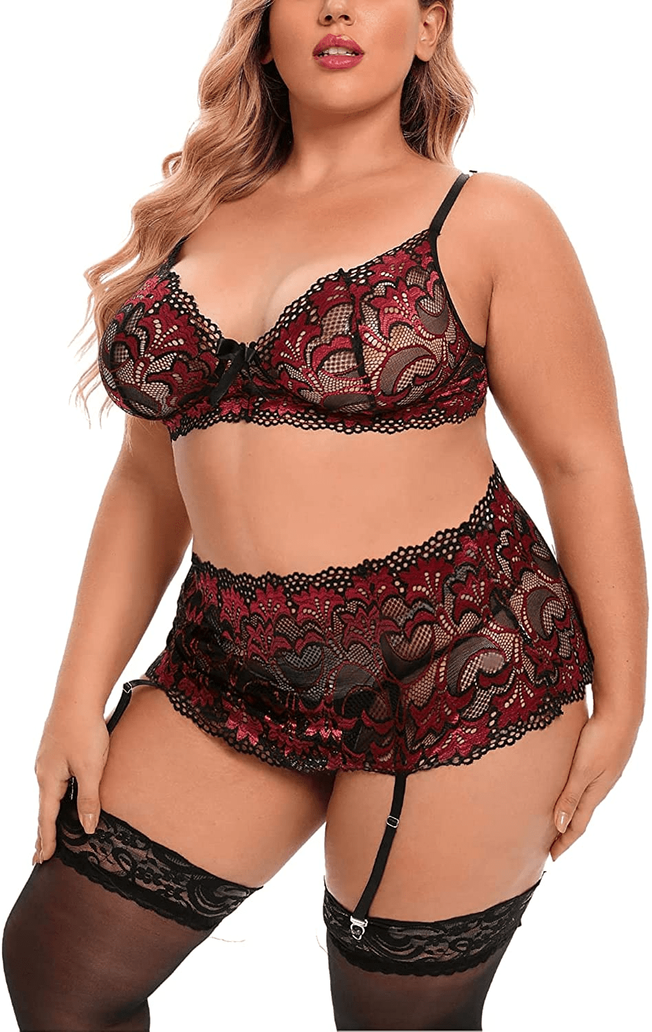 Women'S plus Size Sexy Lingerie Classic Embroidered Lace Bra High Waisted Skirt Garter Belt G-String 3-Piece Sets Apparel & Accessories > Clothing > Underwear & Socks > Lingerie KYLIE MAX   