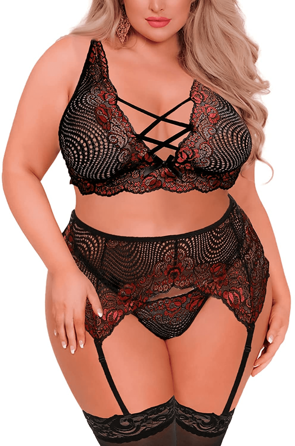 Women'S plus Size Sexy Lingerie Floral Criss Cross Contrast Lace Bra High Waisted Skirt Garter Belt 3-Piece Underwear Sets Apparel & Accessories > Clothing > Underwear & Socks > Lingerie KYLIE MAX   