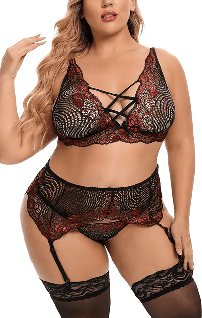 Women'S plus Size Sexy Lingerie Floral Criss Cross Contrast Lace Bra High Waisted Skirt Garter Belt 3-Piece Underwear Sets Apparel & Accessories > Clothing > Underwear & Socks > Lingerie KYLIE MAX   