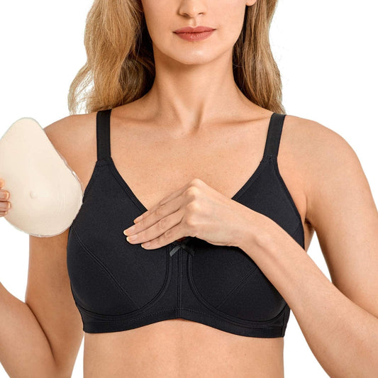 Women'S Post Surgery Bra Full Coverage Wireless Pocketed Mastectomy Bras Black / 40DD