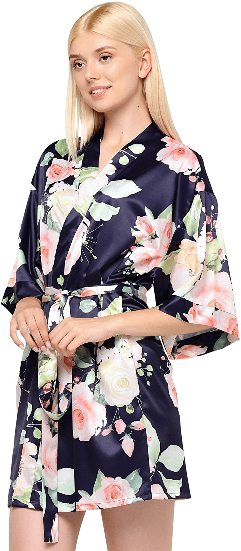 Women'S Pure Color Satin Short Kimono Bridesmaids Lingerie Robes Apparel & Accessories > Clothing > Sleepwear & Loungewear > Robes Turquaz Linen Floral Navy Blue Small 