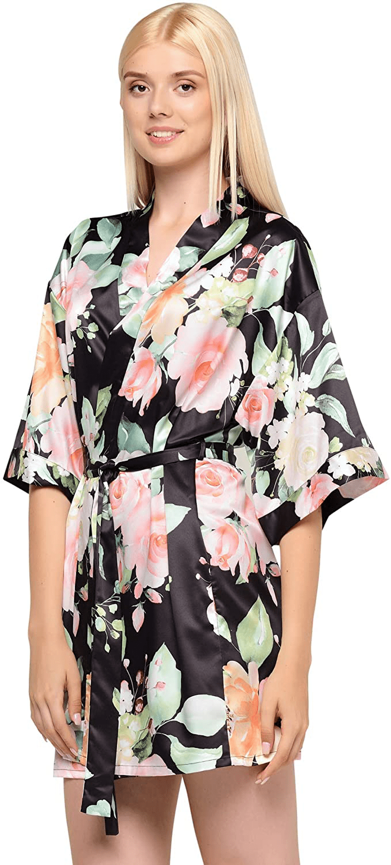 Women'S Pure Color Satin Short Kimono Bridesmaids Lingerie Robes Apparel & Accessories > Clothing > Sleepwear & Loungewear > Robes Turquaz Linen Floral Black Medium 
