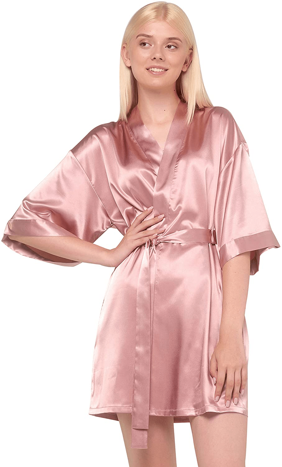 Women'S Pure Color Satin Short Kimono Bridesmaids Lingerie Robes Apparel & Accessories > Clothing > Sleepwear & Loungewear > Robes Turquaz Linen Rose Gold Small 