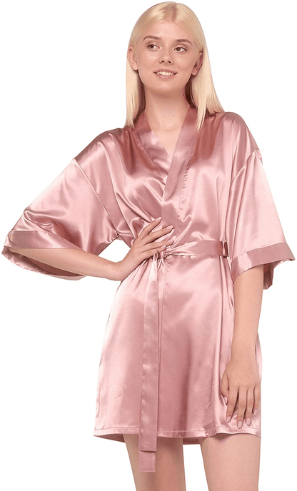 Women'S Pure Color Satin Short Kimono Bridesmaids Lingerie Robes Apparel & Accessories > Clothing > Sleepwear & Loungewear > Robes Turquaz Linen Rose Gold Small 