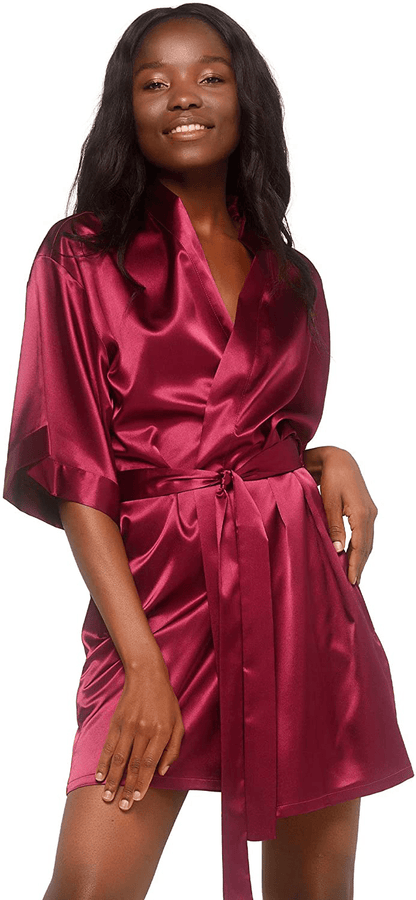 Women'S Pure Color Satin Short Kimono Bridesmaids Lingerie Robes Apparel & Accessories > Clothing > Sleepwear & Loungewear > Robes Turquaz Linen Wine Red Large 