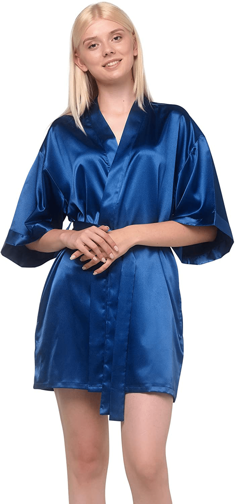 Women'S Pure Color Satin Short Kimono Bridesmaids Lingerie Robes Apparel & Accessories > Clothing > Sleepwear & Loungewear > Robes Turquaz Linen Navy Blue Large 