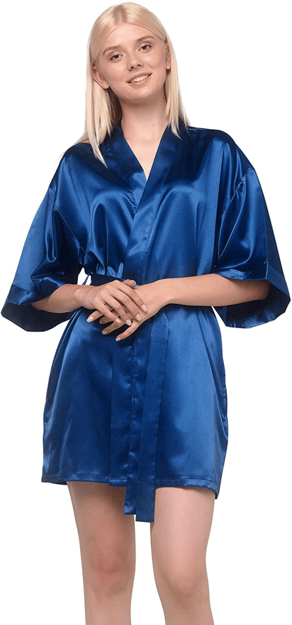 Women'S Pure Color Satin Short Kimono Bridesmaids Lingerie Robes Apparel & Accessories > Clothing > Sleepwear & Loungewear > Robes Turquaz Linen Navy Blue Large 
