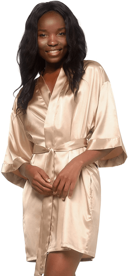 Women'S Pure Color Satin Short Kimono Bridesmaids Lingerie Robes Apparel & Accessories > Clothing > Sleepwear & Loungewear > Robes Turquaz Linen Taupe XX-Large 