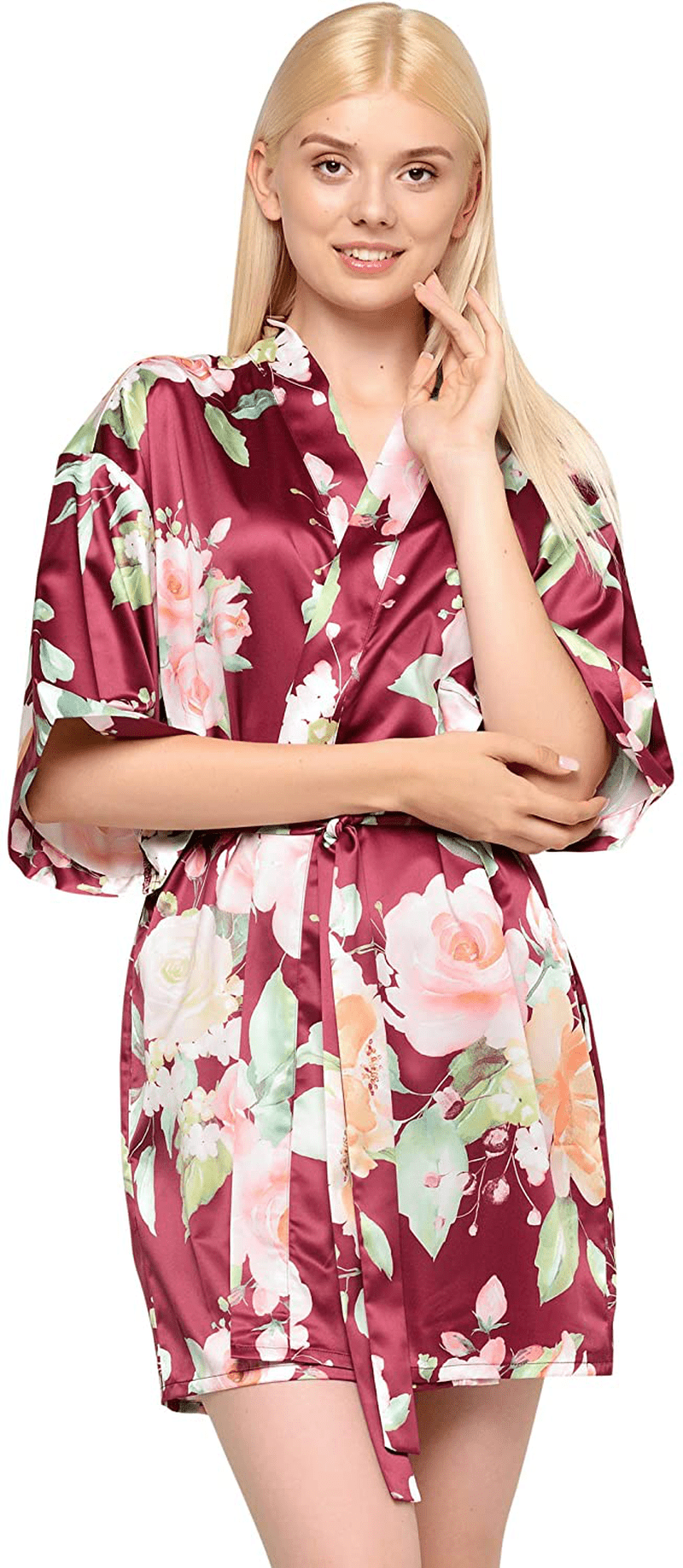 Women'S Pure Color Satin Short Kimono Bridesmaids Lingerie Robes Apparel & Accessories > Clothing > Sleepwear & Loungewear > Robes Turquaz Linen Floral Wine Red XX-Large 
