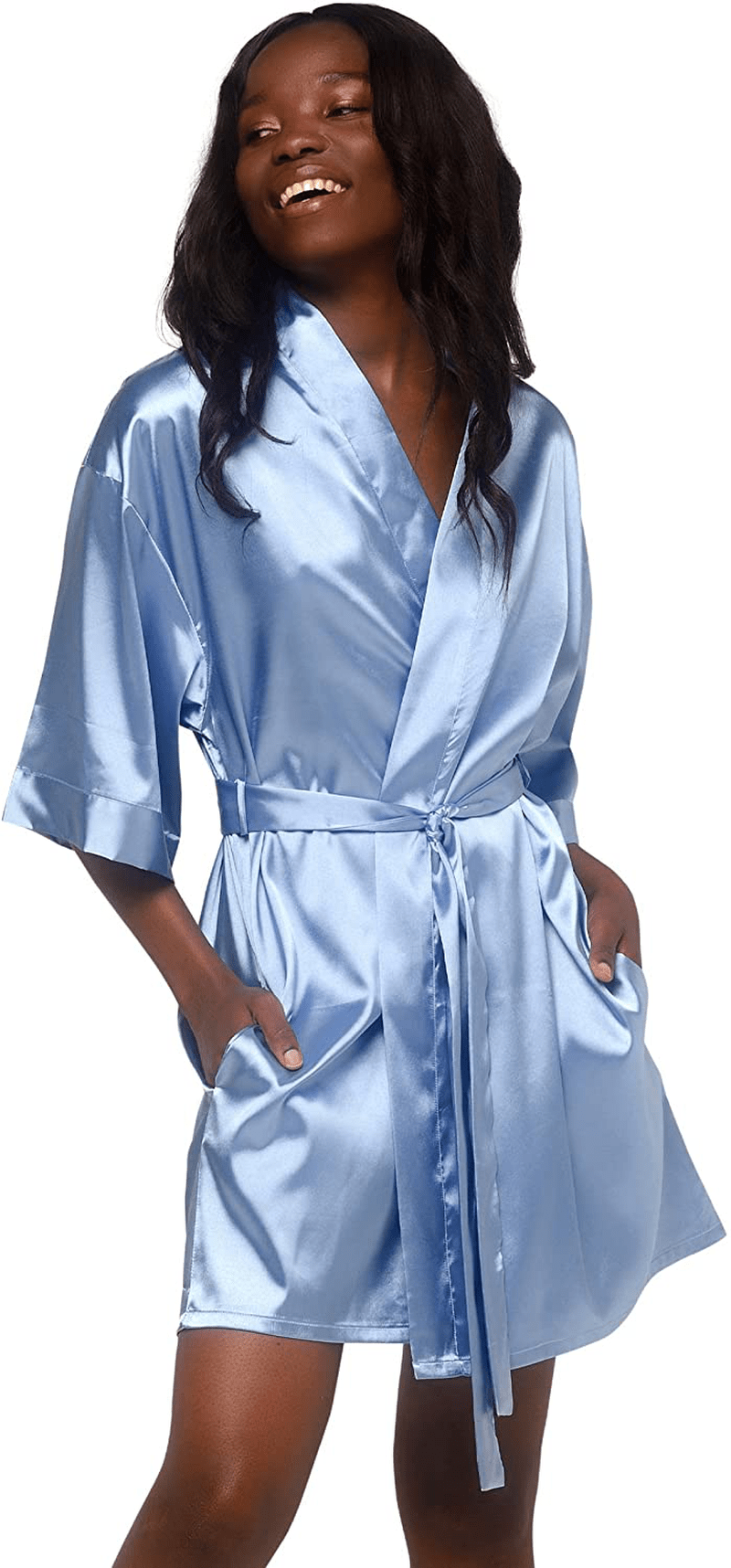 Women'S Pure Color Satin Short Kimono Bridesmaids Lingerie Robes Apparel & Accessories > Clothing > Sleepwear & Loungewear > Robes Turquaz Linen Airy Blue XX-Large 