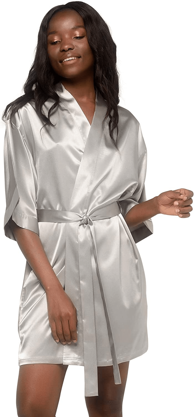Women'S Pure Color Satin Short Kimono Bridesmaids Lingerie Robes Apparel & Accessories > Clothing > Sleepwear & Loungewear > Robes Turquaz Linen Classic Gray Small 
