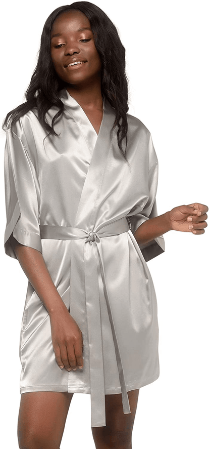 Women'S Pure Color Satin Short Kimono Bridesmaids Lingerie Robes Apparel & Accessories > Clothing > Sleepwear & Loungewear > Robes Turquaz Linen Classic Gray Small 