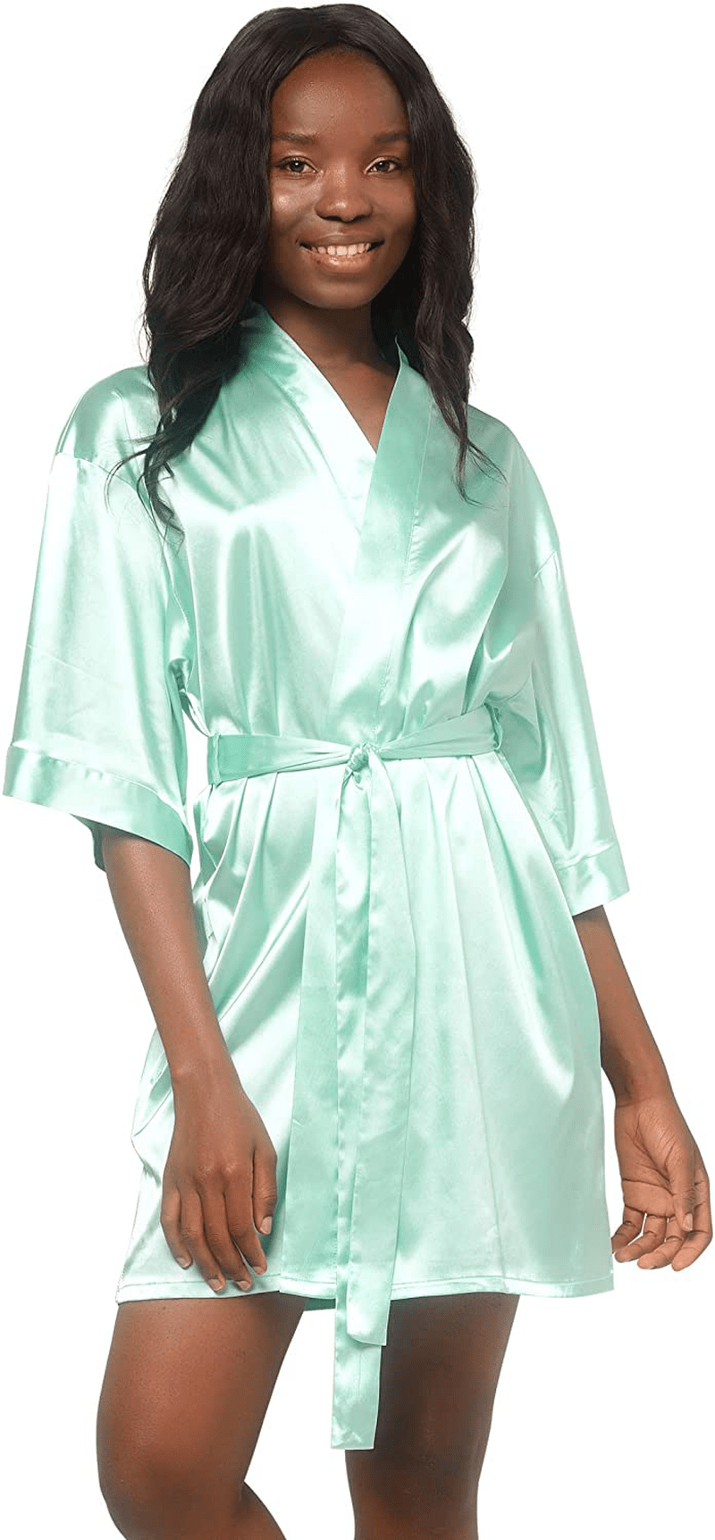 Women'S Pure Color Satin Short Kimono Bridesmaids Lingerie Robes Apparel & Accessories > Clothing > Sleepwear & Loungewear > Robes Turquaz Linen Mint Green Large 