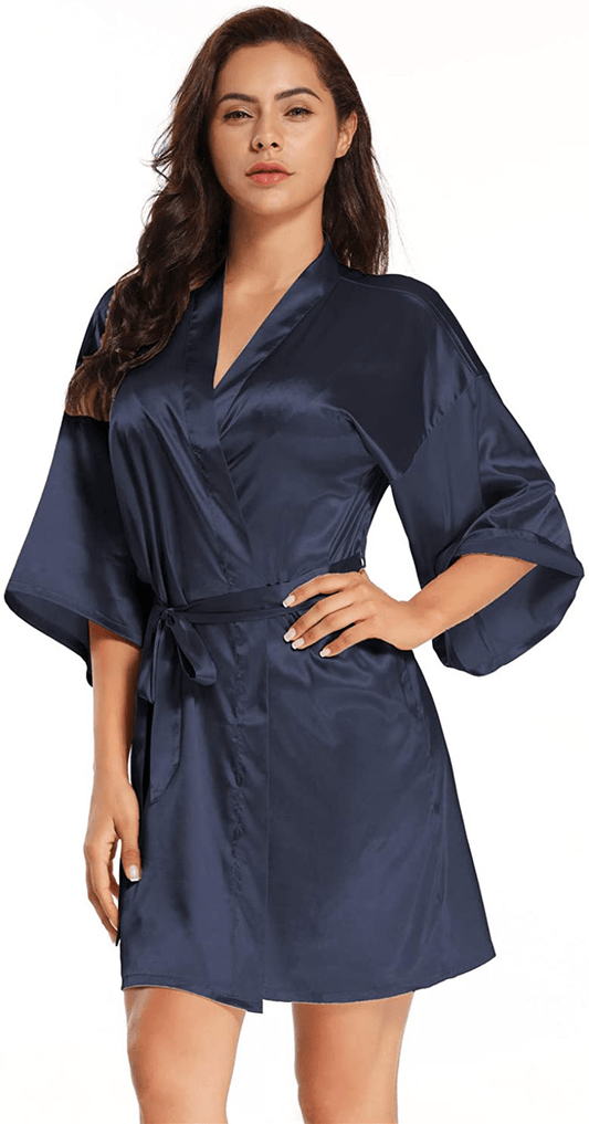Women'S Pure Short Satin Robes Bridesmaid and Bride Silky Robes Summer Sleepwear Apparel & Accessories > Clothing > Sleepwear & Loungewear > Robes MizzGenio Navy Large-X-Large 