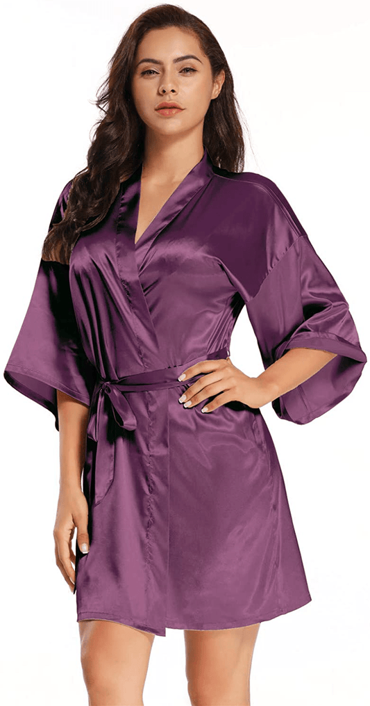 Women'S Pure Short Satin Robes Bridesmaid and Bride Silky Robes Summer Sleepwear Apparel & Accessories > Clothing > Sleepwear & Loungewear > Robes MizzGenio Purple2 Small-Medium 