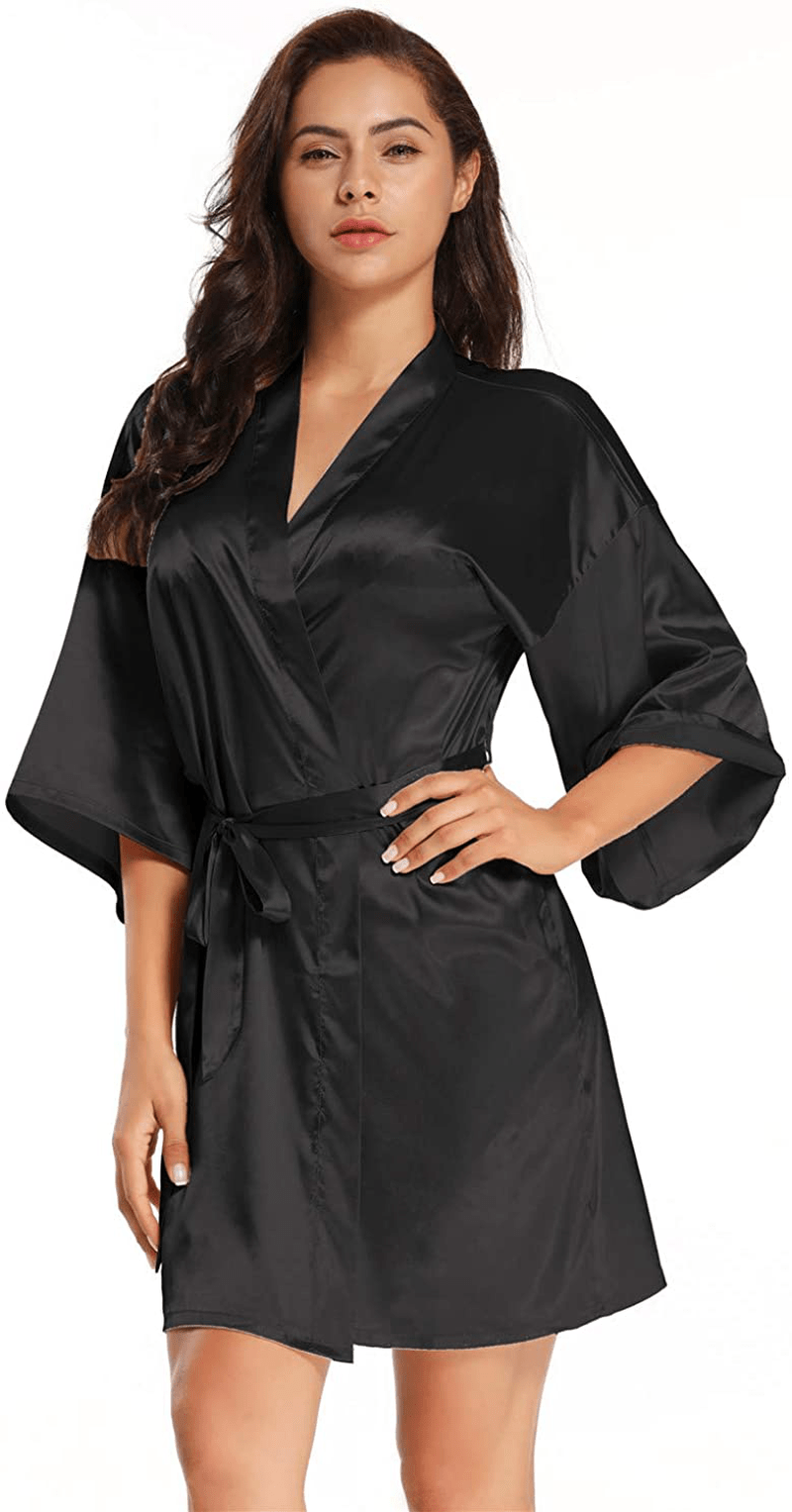 Women'S Pure Short Satin Robes Bridesmaid and Bride Silky Robes Summer Sleepwear Apparel & Accessories > Clothing > Sleepwear & Loungewear > Robes MizzGenio Black Small-Medium 