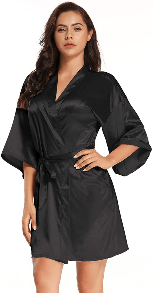 Women'S Pure Short Satin Robes Bridesmaid and Bride Silky Robes Summer Sleepwear Apparel & Accessories > Clothing > Sleepwear & Loungewear > Robes MizzGenio Black Small-Medium 