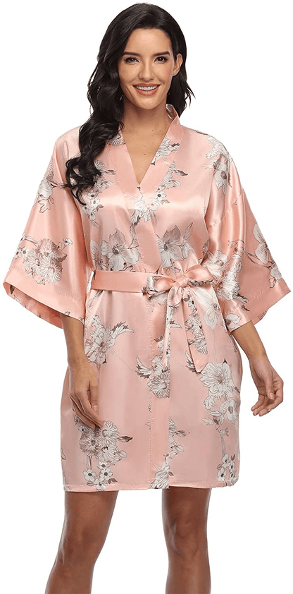 Women'S Pure Short Silky Robes Bridesmaid Bride Party Satin Robes Sleepwear Apparel & Accessories > Clothing > Sleepwear & Loungewear > Robes Super Shopping-zone Pink Floral#2 X-Large 