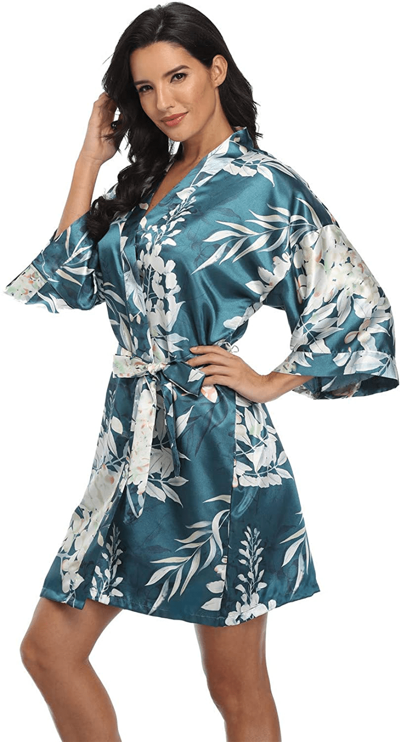 Women'S Pure Short Silky Robes Bridesmaid Bride Party Satin Robes Sleepwear Apparel & Accessories > Clothing > Sleepwear & Loungewear > Robes Super Shopping-zone Dark Green Floral 2 Small 