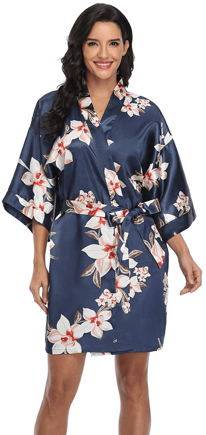 Women'S Pure Short Silky Robes Bridesmaid Bride Party Satin Robes Sleepwear Apparel & Accessories > Clothing > Sleepwear & Loungewear > Robes Super Shopping-zone Navy Floral 3 X-Large 
