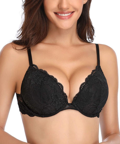 Women’S Push up Lace Bra Comfort Padded Underwire Bra Lift up Add One Cup Black / 34DD