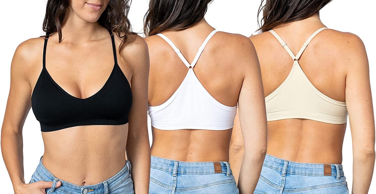 Women'S Racerback Bralette Sexy Everyday Basic Deep V-Neck Wireless W/Removable Padding Bra 3 Pack: Black White Beige / Large