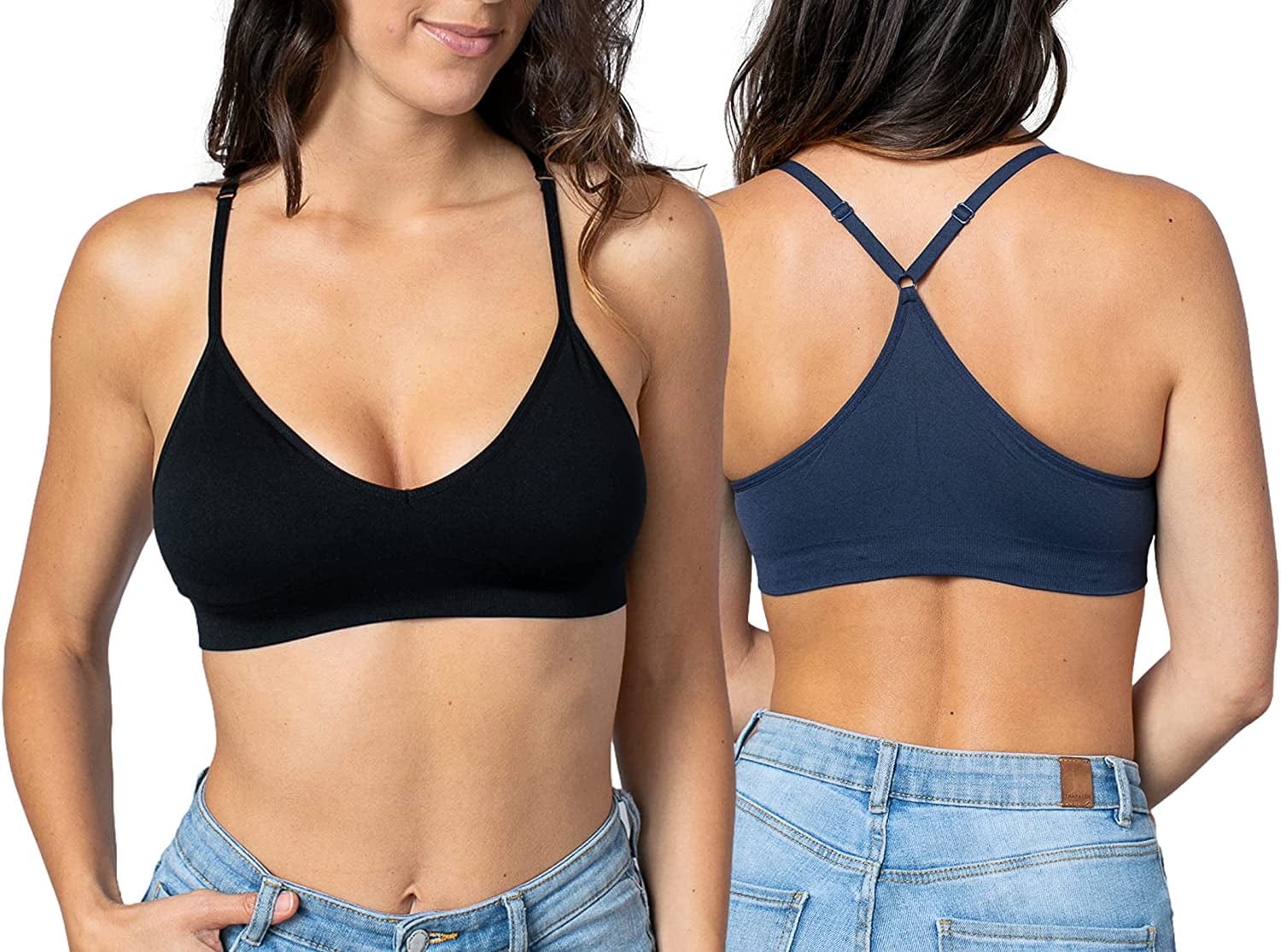 Women'S Racerback Bralette Sexy Everyday Basic Deep V-Neck Wireless W/Removable Padding Bra 2 Pack: Black & Navy Blue / Small