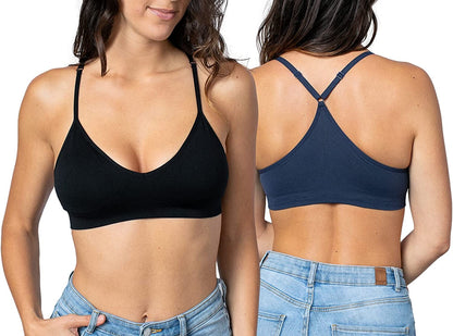 Women'S Racerback Bralette Sexy Everyday Basic Deep V-Neck Wireless W/Removable Padding Bra 2 Pack: Black & Navy Blue / Small
