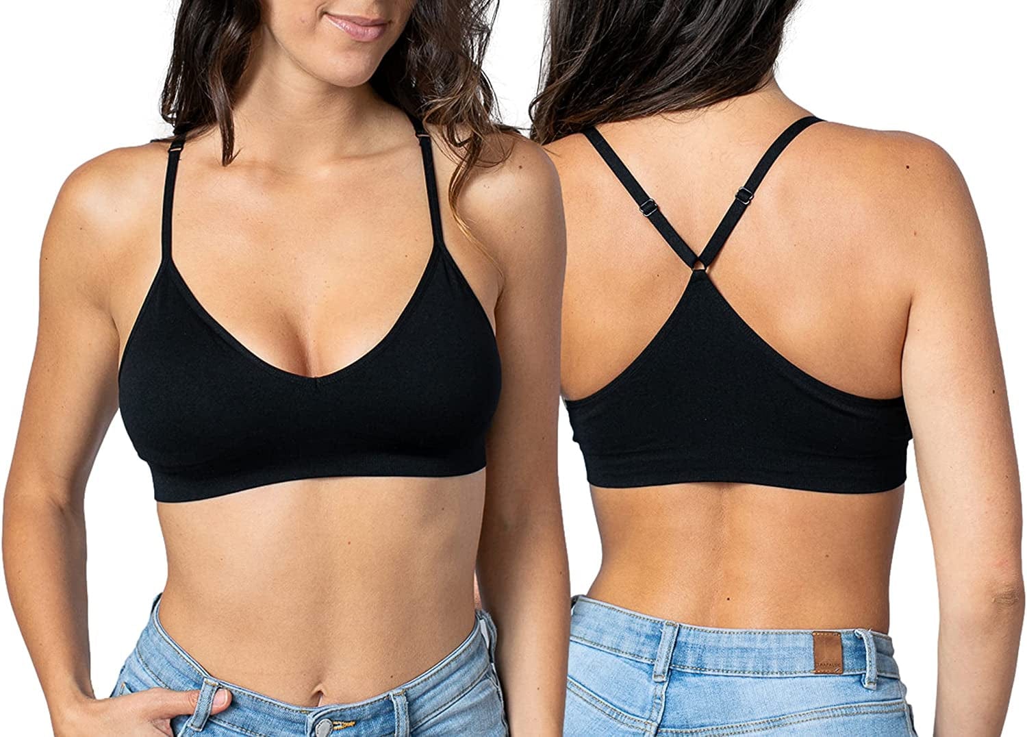 Women'S Racerback Bralette Sexy Everyday Basic Deep V-Neck Wireless W/Removable Padding Bra 1 Pc -Black / Large